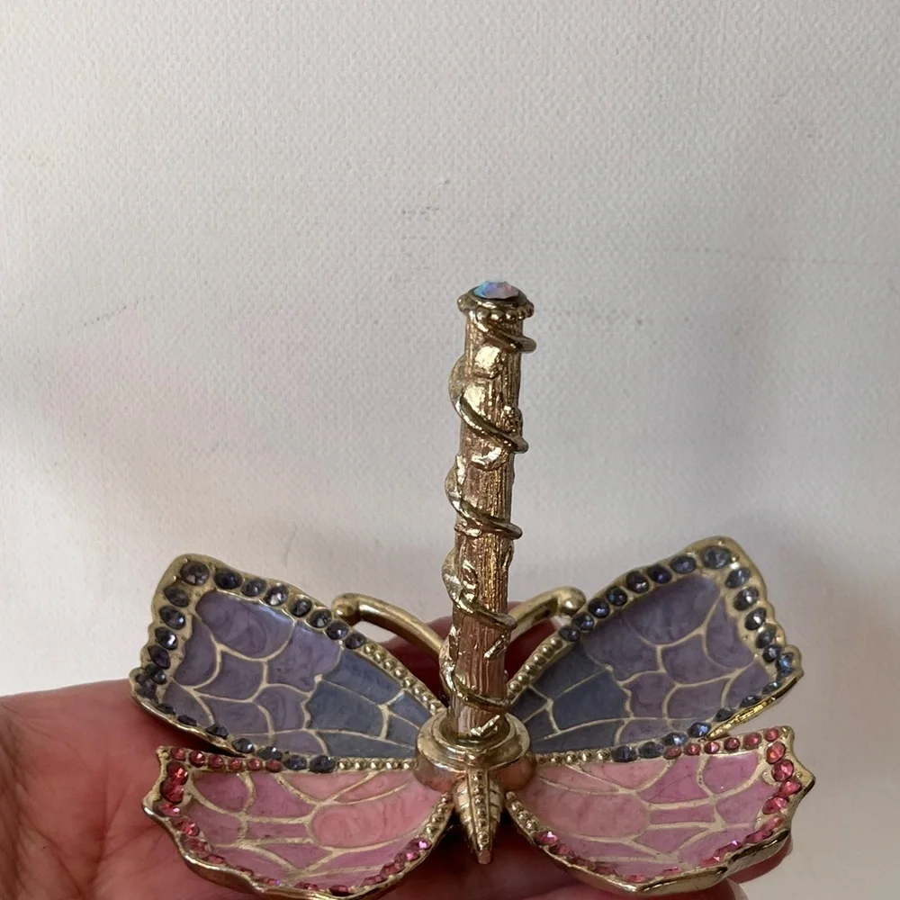 Pink purple Enamel and Gold Plated Butterfly Jewelry Ring Holder w/ Crystals